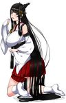  bad_id bad_pixiv_id black_hair breasts detached_sleeves fusou_(kantai_collection) highres huge_breasts kantai_collection kneeling komusou_(jinrikisha) lipstick long_hair looking_at_viewer makeup parted_lips red_eyes simple_background smile solo tabi very_long_hair white_background 