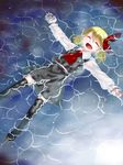  :d ^_^ afloat araki_(qbthgry) ascot blonde_hair blouse closed_eyes facing_viewer fang lying_on_water navel open_mouth outstretched_arms partially_submerged rumia short_hair skirt smile solo spread_arms thighhighs touhou vest water zettai_ryouiki 