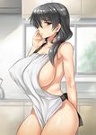  apron black_hair breasts brown_eyes huge_breasts inaho long_hair looking_at_viewer naked_apron original sideboob solo sweat 