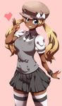  alternate_costume alternate_hairstyle blonde_hair blue_eyes blush breasts cabbie_hat dark_skin grin hat heart long_hair medium_breasts ok_sign pokemon pokemon_(game) pokemon_xy puffy_sleeves serena_(pokemon) skirt smile solo thighhighs tokyo_(great_akuta) twintails vest zettai_ryouiki 