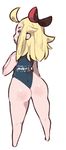  ahoge ass blonde_hair blue_eyes blush_stickers bow bravely_default:_flying_fairy bravely_default_(series) commentary edea_lee from_behind hair_bow inkerton-kun long_hair no_feet one-piece_swimsuit solo swimsuit 
