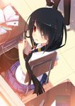  black_hair black_legwear book chair date_a_live desk earphones from_above highres long_hair looking_at_viewer pantyhose red_eyes school_uniform serafuku sitting skirt smile solo_focus tokisaki_kurumi uiu 