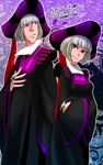  1girl bad_id bad_pixiv_id breasts bridal_gauntlets claude_frollo cloak disney dual_persona genderswap grey_hair hat height_difference jewelry marimo_(yousei_ranbu) purple_eyes ring short_hair shoulder_pads small_breasts the_hunchback_of_notre_dame translation_request wide_sleeves 