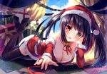  bare_shoulders bell bison_cangshu black_hair black_legwear blush breasts cleavage clock_eyes date_a_live detached_sleeves dress garter_straps hat head_rest heterochromia long_hair looking_at_viewer lying medium_breasts neck_ribbon on_stomach open_mouth red_eyes red_string ribbon santa_costume santa_hat smile solo string symbol-shaped_pupils thighhighs tokisaki_kurumi twintails yellow_eyes 