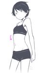  directional_arrow kantai_collection kawashina_(momen_silicon) looking_at_viewer mogami_(kantai_collection) monochrome navel ribs short_hair signature simple_background sketch solo underwear white_background 