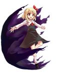  :d alphes_(style) araki_(qbthgry) blonde_hair blouse darkness full_body hair_ribbon highres open_mouth outstretched_arms parody red_eyes ribbon rumia short_hair skirt smile solo spread_arms style_parody touhou transparent_background vest 