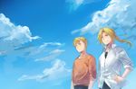  ahoge alphonse_elric blonde_hair blouse blue_sky brothers casual cloud day edward_elric fullmetal_alchemist hand_on_hip long_hair looking_away multiple_boys older ponytail riru short_hair siblings sky sleeves_rolled_up smile yellow_eyes 