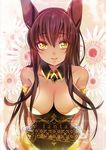  animal_ears arms_behind_back breasts brown_hair cleavage dark_skin dress flower highres hira_taira karindi_(pixiv_fantasia) large_breasts lips long_hair looking_at_viewer off_shoulder pixiv_fantasia pixiv_fantasia_5 smile solo tight_dress yellow_eyes 