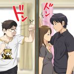 2boys black_hair brown_eyes brown_hair commentary_request glasses long_hair looking_at_another meow_(nekodenki) middle_finger motion_lines multiple_boys original wall_slam 