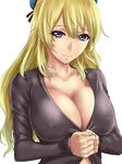  atago_(kantai_collection) blonde_hair blue_eyes blush breasts cardigan casual cleavage covered_nipples hat ishii_hisao kantai_collection large_breasts long_hair looking_at_viewer simple_background solo white_background 