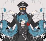  1girl :d absurdly_long_hair arms_up blue_eyes blue_hair collared_shirt compa_kuki eyepatch gas_mask hat hatsune_miku hellboy_(comic) highres holding holding_hair karl_ruprecht_kroenen long_hair military military_hat military_uniform nazi necktie open_mouth power_lines sheath sheathed shirt smile solo_focus sword uniform very_long_hair vocaloid weapon 
