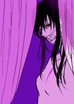  akemi_homura black_hair cosplay curtains face_mask homulilly homulilly_(cosplay) jewelry long_hair looking_at_viewer mahou_shoujo_madoka_magica mahou_shoujo_madoka_magica_movie mask papeapoo purple_background purple_eyes scar simple_background single_earring solo witch_(madoka_magica) 