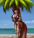  anthro beach breasts clothing cloud feline female fluffy_tail green_eyes looking_at_viewer lynx mammal nipples plant popcornpanic seaside smile solo water 