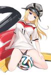  2014_fifa_world_cup alternate_costume ball bismarck_(kantai_collection) black_panties blonde_hair blue_eyes blush brazuca breasts cameltoe covered_nipples full_body german_flag germany hat highres kantai_collection long_hair looking_at_viewer medium_breasts panties see-through smile soccer soccer_ball soccer_uniform solo sportswear underwear world_cup youqiniang 