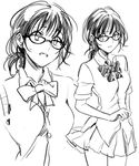  bow bowtie coppelion glasses greyscale looking_at_viewer miniskirt monochrome nomura_taeko open_mouth penki shirt short_ponytail short_sleeves sketch skirt solo striped striped_bow striped_neckwear sweater_vest 