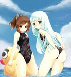  adjusting_clothes adjusting_swimsuit aoki_hagane_no_arpeggio ass blue_hair brown_eyes brown_hair competition_swimsuit crossover green_eyes highleg highleg_swimsuit highres i-401_(kantai_collection) iona kantai_collection long_hair mikimo_nezumi multiple_girls namesake one-piece_swimsuit ponytail rubber_duck short_hair star star_print swimsuit v wading water 