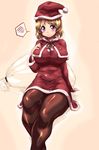  blonde_hair blush capelet christmas commentary curvy dress hat koizumi_hanayo love_live! love_live!_school_idol_project pantyhose purple_eyes red_capelet red_dress sack santa_costume santa_hat sitting solo spoken_blush tokyo_(great_akuta) 