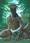  4_fingers abs anthro claws erection fishnet grass green_scales grey_scales horn loincloth loincloth_aside male muscles necklace outside pecs penis pose reptile scales scalie sky slash0x solo spread_legs spreading teeth tree tribal yellow_eyes 