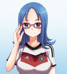  2014_fifa_world_cup adidas atago_kinue blue_eyes blue_hair blush breasts german germany glasses large_breasts leikangmin long_hair looking_at_viewer saki smile soccer soccer_uniform solo sportswear translated world_cup 