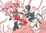  adapted_costume bare_shoulders breasts double_bun elbow_gloves gloves ibaraki_kasen large_breasts open_mouth parody pink_eyes pink_hair sandals segami_daisuke short_hair solo taimanin_(series) taimanin_suit tentacles touhou 