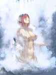  breasts closed_eyes covered_nipples earrings elf faustsketcher highres jewelry large_breasts long_hair naked_robe navel open_clothes open_robe original pointy_ears red_hair robe solo water waterfall wet wet_clothes 