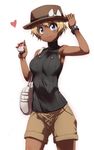  alternate_costume alternate_hair_length alternate_hairstyle armpits bag bare_shoulders blonde_hair blue_eyes blush breasts dark_skin earrings handbag hat holding holding_poke_ball jewelry medium_breasts poke_ball pokemon pokemon_(game) pokemon_xy porkpie_hat serena_(pokemon) short_hair shorts sleeveless sleeveless_turtleneck smile solo tokyo_(great_akuta) turtleneck watch wristwatch 