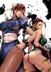  ass bad_id bad_pixiv_id beret blonde_hair blue_eyes bodypaint breasts brown_eyes brown_hair cammy_white china_dress chinese_clothes chun-li covered_nipples double_bun dress fingerless_gloves from_behind frown gloves green_leotard hand_on_hip hat highres jun_jun large_breasts leotard lips looking_back multiple_girls pantyhose pelvic_curtain sash skin_tight street_fighter thighs 