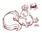  4_toes anthro belly breasts burping chubby claws digestion english_text female fur hair mammal matt_burt open_mouth overweight pawpads piercing sitting sketch skunk solo teeth text toe_claws tongue tongue_out 
