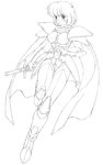  armor cape gauntlets greyscale langrisser leotard monochrome short_hair simple_background solo sword uchiu_kazuma weapon 