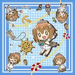  1girl :3 =_= anchor bandages binoculars brown_hair chibi eating eighth_note food headgear innertube kantai_collection lowres machinery malino_(dream_maker) musical_note onigiri open_mouth rensouhou-chan rope seed short_hair solo squiggle sunflower_seed tears torpedo turret yukikaze_(kantai_collection) 