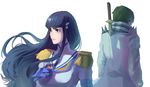  1girl black_hair epaulettes eyebrows green_hair highres junketsu kill_la_kill kiryuuin_satsuki long_hair sanageyama_uzu shinai sword thick_eyebrows weapon white_background zzing 