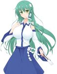  bad_id bad_pixiv_id blush breasts detached_sleeves frog_hair_ornament gisyo gohei green_eyes green_hair hair_ornament huge_breasts kochiya_sanae long_hair looking_at_viewer simple_background snake_hair_ornament solo touhou very_long_hair white_background 