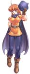  ahoge alena_(dq4) belt black_legwear boots cape covered_navel dragon_quest dragon_quest_iv dress earrings full_body gloves hat highres hoop_earrings jewelry legs long_hair looking_at_viewer orange_gloves orange_hair pantyhose red_eyes short_dress short_sleeves simple_background uchiu_kazuma 