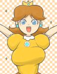  1girl blue_eyes bouncing_breasts breasts brown_hair checkered checkered_background dress earrings female gloves jewelry mario_(series) nintendo open_mouth orange_hair princess_daisy short_hair solo star star-shaped_pupils super_mario_bros. super_mario_land symbol-shaped_pupils yamii_(yame83) 