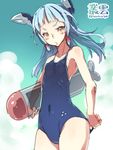  adjusting_clothes adjusting_swimsuit blue_swimsuit character_name cloud competition_school_swimsuit day hair_ribbon headgear highres inflatable_torpedo inflatable_toy kantai_collection long_hair looking_at_viewer murakumo_(kantai_collection) one-piece_swimsuit orange_eyes ribbon robot_ears silver_hair sky solo standing super_zombie swimsuit tight torpedo twitter_username 