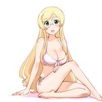  arm_support barefoot bikini blonde_hair breasts cleavage front-tie_top futsuu_no_joshikousei_ga_locodol_yattemita glasses green_eyes kohinata_yukari large_breasts long_hair looking_at_viewer open_mouth shiny shiny_skin side-tie_bikini sitting skindentation swimsuit ueyama_michirou very_long_hair 