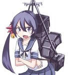  akebono_(kantai_collection) bell blush bow crossed_arms flower hair_bell hair_flower hair_ornament jingle_bell kantai_collection machinery purple_eyes purple_hair ribbon school_uniform scowl serafuku side_ponytail solo tokoi upper_body 