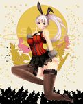  animal_ears bad_id bad_pixiv_id bow bowtie bread_sakana breasts bunny_ears bunny_tail cleavage fishnets grey_eyes highres jumping large_breasts long_hair looking_at_viewer original silver_hair solo tail thighhighs wrist_cuffs 