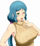  bare_shoulders blue_hair breasts covered_nipples green_eyes gundam gundam_build_fighters hand_on_own_chest iori_rinko large_breasts long_hair looking_at_viewer nail_polish one_eye_closed ponytail ribbed_sweater sleeveless sleeveless_turtleneck solo sweater tof turtleneck 