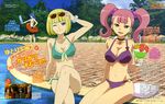  2girls :d ;3 absurdres ai_(captain_earth) amara_(captain_earth) animedia bare_shoulders bikini blonde_hair blue_eyes blue_hair breasts captain_earth cleavage collarbone crossed_legs day earrings eyewear_on_head green_bikini head_tilt heart heart_ring_bottom highres innertube jammers jewelry kickboard magazine_scan medium_breasts moco_(captain_earth) multiple_girls official_art one_eye_closed open_mouth outdoors pink_hair pool poolside purple_bikini purple_eyes scan short_hair sitting smile sunglasses swimsuit twintails water yazaki_yuuko 