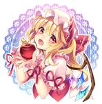  apple blonde_hair bow dress fang flandre_scarlet food fruit hat hat_bow looking_at_viewer masaru.jp mob_cap open_mouth pink_eyes puffy_short_sleeves puffy_sleeves red_dress ribbon shirt short_sleeves side_ponytail solo sparkle touhou upper_body wings wrist_cuffs 
