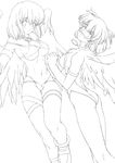  angel angel_wings greyscale highres leotard looking_at_viewer monochrome multiple_girls short_hair simple_background uchiu_kazuma wings 