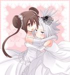  2girls blue_eyes blush brown_eyes brown_hair double_bun dress elbow_gloves female freckles gloves gym_leader homika_(pokemon) hug mei_(pokemon) multiple_girls nel_(hana-melt) nintendo open_mouth pokemon pokemon_(game) pokemon_bw2 short_hair smile topknot wedding_dress white_hair wife_and_wife yuri 