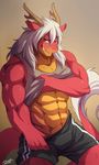  abs anthro biceps clothing dragon hair horn looking_at_viewer male muscles plain_background rabbity red_dragon rouken scalie shirt solo tank_top undressing white_hair 