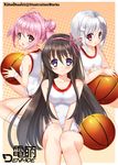  alpaca_hair_ornament animal_hair_ornament basketball black_hair hair_ornament hairband hakoniwa_yuragi highres kaho_okashii long_hair multiple_girls ore_no_nounai_sentakushi_ga_gakuen_love-comedy_wo_zenryoku_de_jama_shiteiru pink_hairband purple_eyes red_eyes sheep_hair_ornament short_hair white_hair yukihira_furano yuuouji_ouka 