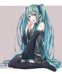  bad_id bad_pixiv_id boots detached_sleeves echj green_eyes green_hair hatsune_miku long_hair necktie open_mouth sitting skirt solo thigh_boots thighhighs twintails very_long_hair vocaloid wariza 