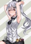  1girl absurdres ahoge armpits arms_up bangs bare_arms bare_shoulders black_bow black_ribbon black_skirt blush bow breasts brown_eyes chains commentary diagonal-striped_background diagonal_stripes eyebrows_visible_through_hair five-seven_(girls_frontline) girls_frontline grey_hair grey_skirt hair_between_eyes hair_ornament hair_ribbon highres long_hair looking_at_viewer medium_breasts pleated_skirt ponytail ribbon shirt sidelocks sitting skirt sleeveless sleeveless_shirt smiley_face solo striped striped_background trap_(drthumt) very_long_hair 