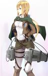  blonde_hair blue_eyes cape christa_renz emblem hair_ribbon hands_on_hips highres koyaya paradis_military_uniform ponytail ribbon shingeki_no_kyojin solo survey_corps_(emblem) three-dimensional_maneuver_gear 