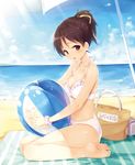  bag ball barefoot beach beach_umbrella beachball bikini bow breasts brown_eyes brown_hair cleavage cloud day frilled_bikini frills hair_bow hair_ornament hair_ribbon handbag hirasawa_ui holding holding_ball horizon k-on! light looking_at_viewer medium_breasts navel ocean outdoors parted_lips ponytail ribbon senji_(tegone_spike) sitting sky smile solo swimsuit umbrella white_bikini wristband 