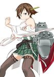  aiming_at_viewer bare_shoulders blue_eyes brown_hair brown_legwear detached_sleeves fighting_stance frilled_skirt frills hair_ornament harada_itsumi hiei_(kantai_collection) japanese_clothes kantai_collection lace lace-trimmed_thighhighs machinery nontraditional_miko plaid plaid_skirt short_hair skirt solo thighhighs white_background zettai_ryouiki 